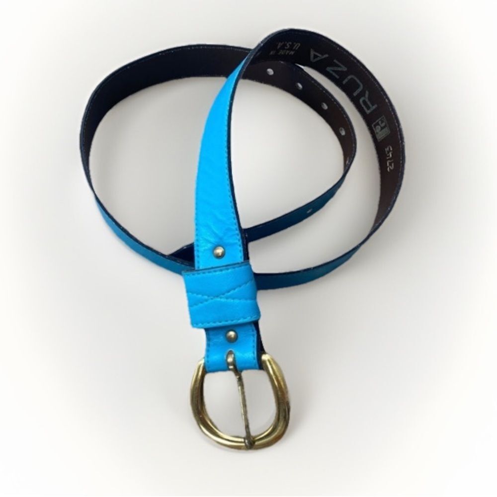 Vintage Teal Blue Textured Leather Belt Brass Buckle Womens Size M Southwestern